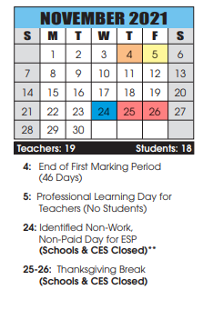 District School Academic Calendar for Clear Spring Elementary for November 2021