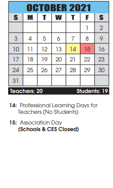 District School Academic Calendar for Pleasant Valley Elementary for October 2021