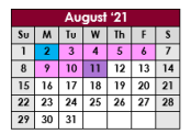 District School Academic Calendar for Excell Program for August 2021