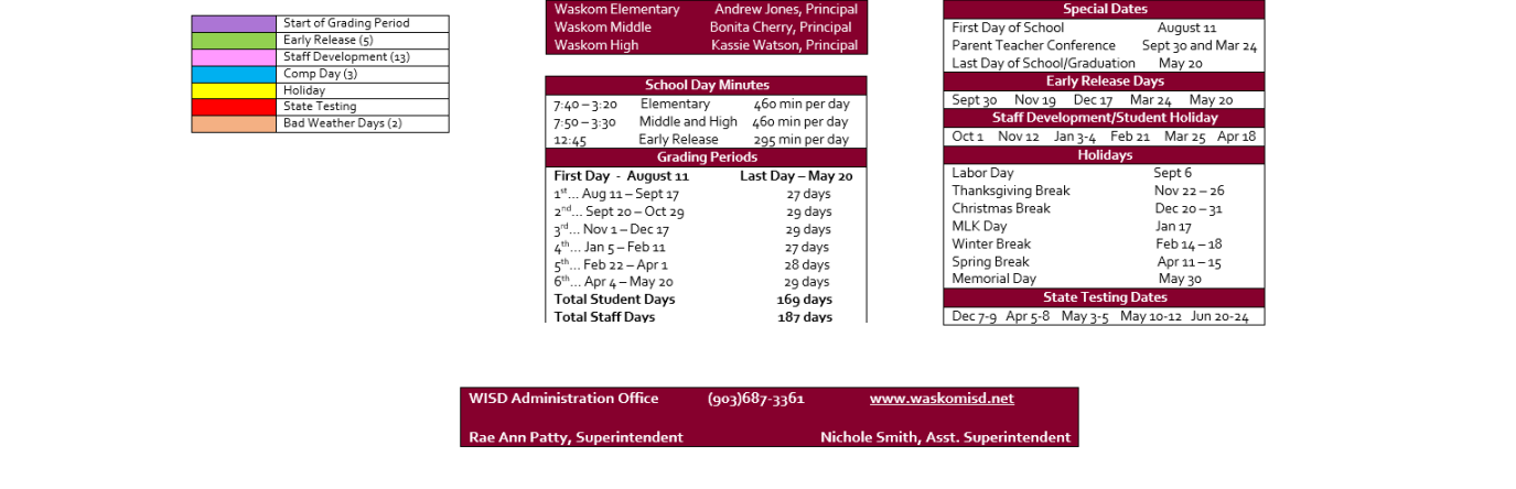 District School Academic Calendar Key for Excell Program