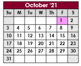 District School Academic Calendar for Excell Program for October 2021