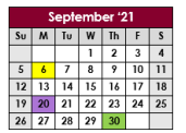 District School Academic Calendar for Excell Program for September 2021