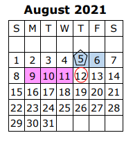 District School Academic Calendar for Wilemon Ln Center for August 2021