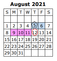 District School Academic Calendar for Shackelford Elementary for August 2021