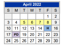 District School Academic Calendar for Weatherford H S Ninth Grade Center for April 2022