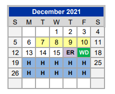 District School Academic Calendar for Weatherford H S Ninth Grade Center for December 2021