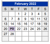 District School Academic Calendar for Weatherford H S Ninth Grade Center for February 2022