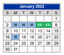 District School Academic Calendar for Mary Martin Elementary for January 2022