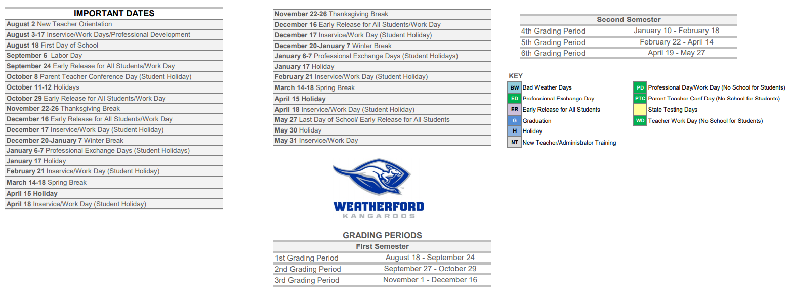 District School Academic Calendar Key for Weatherford High School