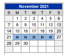 District School Academic Calendar for Hall Middle School for November 2021