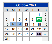 District School Academic Calendar for Weatherford H S Ninth Grade Center for October 2021