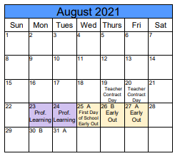 District School Academic Calendar for Bates School for August 2021