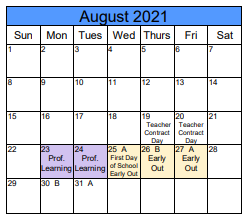 District School Academic Calendar for Orion Jr High for August 2021