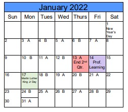 District School Academic Calendar for Day Treatment for January 2022