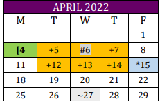 District School Academic Calendar for Weimar High School for April 2022