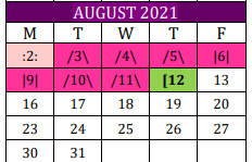 District School Academic Calendar for Weimar Elementary for August 2021