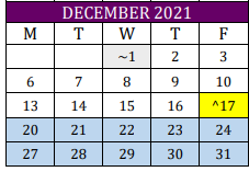 District School Academic Calendar for Weimar Elementary for December 2021
