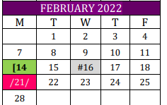 District School Academic Calendar for Weimar High School for February 2022