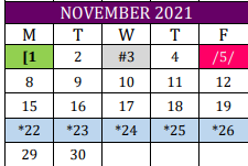 District School Academic Calendar for Weimar Junior High for November 2021