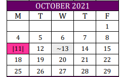 District School Academic Calendar for Weimar Elementary for October 2021