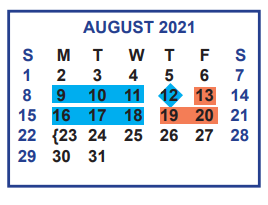 District School Academic Calendar for Memorial Elementary for August 2021
