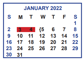 District School Academic Calendar for Memorial Elementary for January 2022