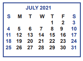 District School Academic Calendar for Cuellar Middle School for July 2021