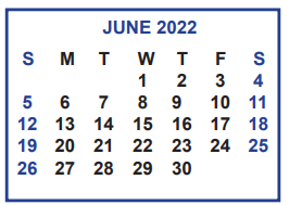 District School Academic Calendar for Cuellar Middle School for June 2022