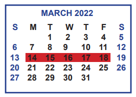 District School Academic Calendar for Memorial Elementary for March 2022