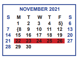 District School Academic Calendar for Cuellar Middle School for November 2021