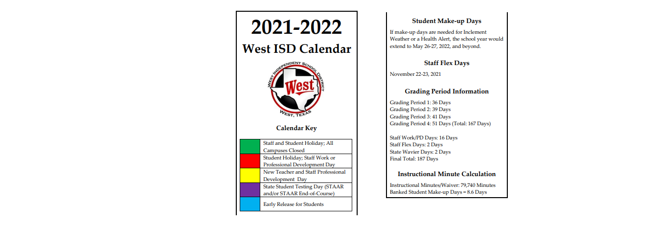 District School Academic Calendar Key for West Intermediate