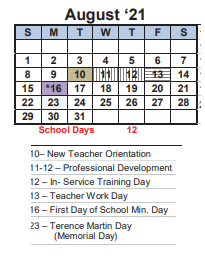 District School Academic Calendar for Crespi Junior High for August 2021