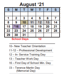 District School Academic Calendar for Transition Learning Center for August 2021