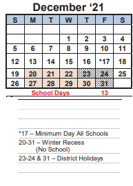 District School Academic Calendar for Vista High (alt) for December 2021