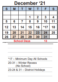 District School Academic Calendar for Transition Learning Center for December 2021