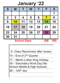 District School Academic Calendar for De Anza Senior High for January 2022