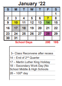 District School Academic Calendar for Transition Learning Center for January 2022