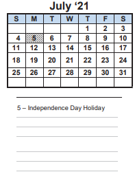 District School Academic Calendar for Sheldon Elementary for July 2021