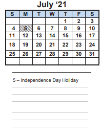 District School Academic Calendar for Transition Learning Center for July 2021
