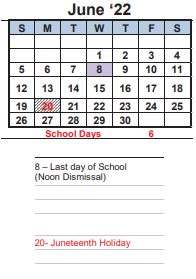 District School Academic Calendar for Hercules Elementary for June 2022
