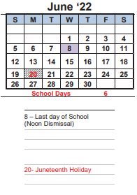 District School Academic Calendar for Stege Elementary for June 2022