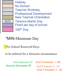 District School Academic Calendar Legend for Sheldon Elementary