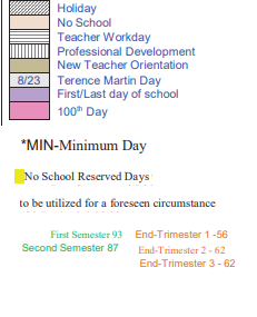 District School Academic Calendar Legend for Transition Learning Center