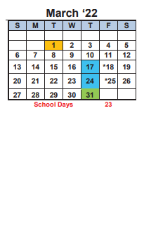 District School Academic Calendar for Mira Vista Elementary for March 2022