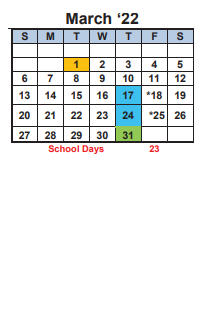 District School Academic Calendar for Helms Middle for March 2022