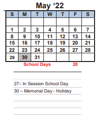 District School Academic Calendar for Vista High (alt) for May 2022