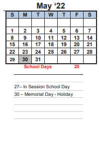 District School Academic Calendar for Transition Learning Center for May 2022
