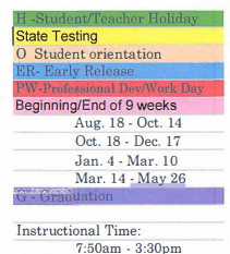 District School Academic Calendar Legend for West Hardin Elementary