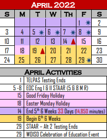 District School Academic Calendar for West Oso Junior High School for April 2022