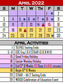 District School Academic Calendar for Kennedy El for April 2022